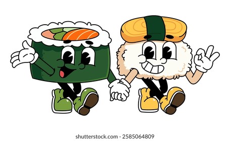 Retro sushi mascot logo, tamago sushi walk together with salmon sushi