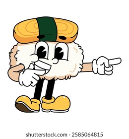 Retro sushi mascot logo, tamago sushi pointing with right hand