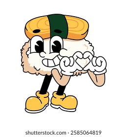 Retro sushi mascot logo, tamago sushi love hand pose