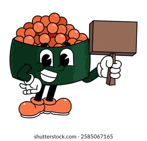 Retro sushi mascot logo, tobiko sushi, fish egg sushi hold a wooden sign