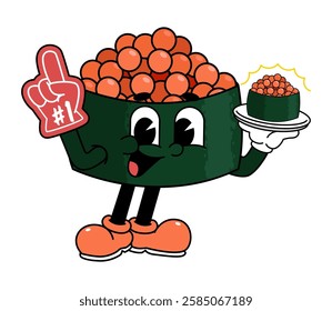 Retro sushi mascot logo, tobiko sushi, fish egg sushi wearing number one glove