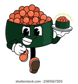 Retro sushi mascot logo, tobiko sushi, fish egg sushi delivery