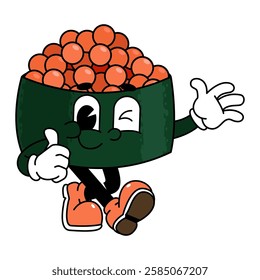 Retro sushi mascot logo, tobiko sushi, fish egg sushi waving hand