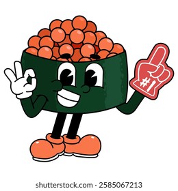 Retro sushi mascot logo, tobiko sushi, fish egg sushi with Ok pose and wearing number one glove