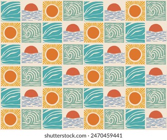 Retro Suumer beach sun sea seamless patterns. Surf club vacation and sunny summer day , Wave Sun set . Vector illustration , Design for fashion , fabric, textile, wallpaper , wrapping and all prints 