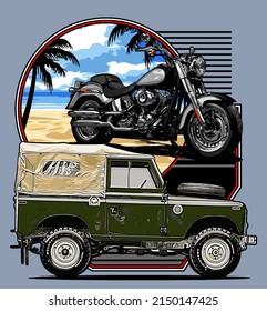 Retro Suv And Cruiser Motorcycle Beach Background Vector Template