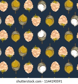 Retro Sweet Autumn seamless pattern vector ,pine cone ,nuts and berries regular repeat on hand drawn style for fashion ,fabric,and all prints on navy blue background
