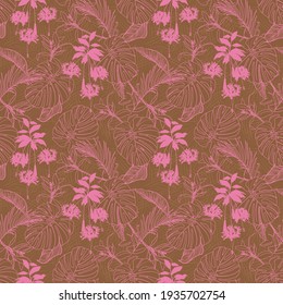 Retro sweet Tropical Jungle leaves seamless pattern pink and brown ,Layer on line texture with palm leaves and exotic forest leaf. Design for fashion , fabric, textile, wallpaper, cover,wrapping