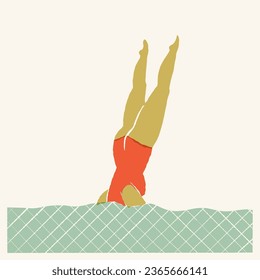 Retro swimmer jumping in the pool, synchronized swimmer diving into the water. Vector vintage mid-century style art print, hand-drawn poster, 1950s wall art. svg
