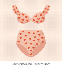 Retro Swimsuit. Cute bra, pants, Two-Piece with Red Heart Pattern, Pink underwear bikini Color, Ruffles and Textured Details. asian style. Vector flat, cartoon modern Illustration