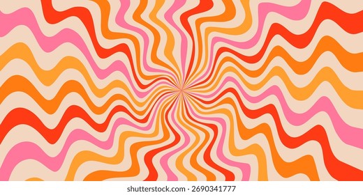 Retro swirl groovy starburst background with wavy lines in pink, orange, red tones. Psychedelic abstract design inspired by 70s style. Perfect for posters, prints, and web design. Vector illustration.