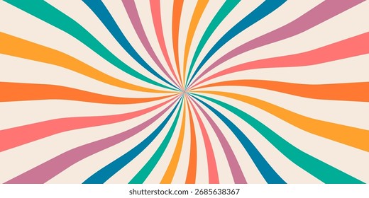 Retro swirl groovy striped background of the 70s style. Abstract colorful rainbow rays vintage backdrop. Twisted and distorted texture vector illustration in flat style