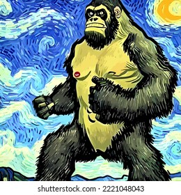 A retro swirly impressionist portrait composition of a giant gorilla designed in the style of Vincent Van Gogh.
