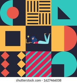 Retro Swiss  graphic modernism, poster with woman, laptop and geometric shapes. Vector illustration 