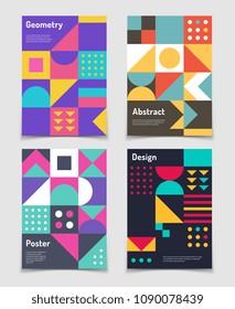 Retro swiss graphic posters with geometric bauhaus shapes. Vector abstract backgrounds in old modernism style. Vintage journal covers. Annual poster colorful shape illustration