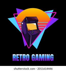 Retro symbol logo with arcade video game machine Triangle shapes Sunset and 80's icon