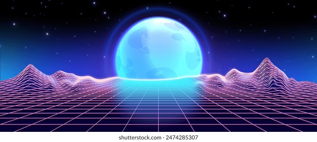 Fondo de onda sintética retro con paisaje de montaña de cuadrícula abstracta con luna llena brillante azul en el cielo. Ilustración vectorial 3D realista de la superficie abstracta del retrowave para el diseño digital futurista.