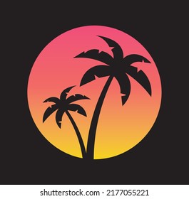 retro synthwave style illustration with coconut palm trees against the gradient sunset