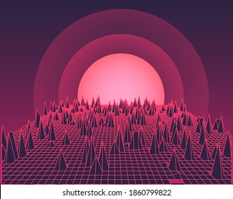 Retro Synthwave Sunrise. Futuristic  sci-fi landscape with sun above the endless laser grid like in old arcade video games of 80's and 90's.