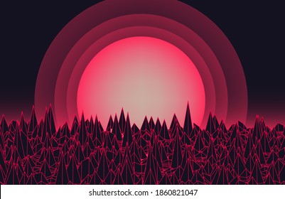 Retro Synthwave Sunrise. Futuristic  sci-fi landscape with sun above the endless laser grid like in old arcade video games of 80's and 90's.