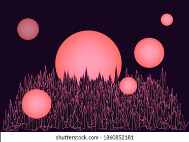 Retro Synthwave Sunrise. Futuristic  sci-fi landscape with sun above the endless laser grid like in old arcade video games of 80's and 90's years.