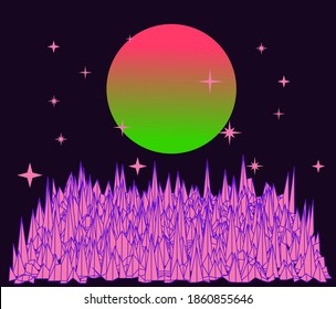 Retro Synthwave Sunrise. Futuristic  sci-fi landscape with sun above the endless laser grid like in old arcade video games of 80's and 90's years.