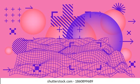 Amanecer de ondas sintéticas retro. Futurista paisaje de ciencia ficción con sol por encima de la interminable rejilla láser como en viejos videojuegos de arcade de los años 80 y 90.