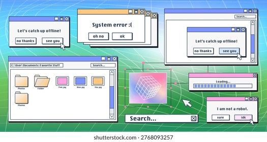 Retro system error message and old icons on computer screen. Vector illustration of Y2K warning window with critical alert, vintage UI elements, folders, search bar, classic desktop interface design