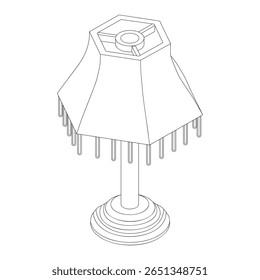 Lâmpada de mesa retro com abajur com franjas - ilustração vetorial preto e branco desenhado à mão.