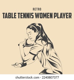 Retro Table Tennis Women Player Vector Illustration