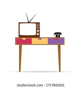 Retro Table With Tv And Phone Vector Illustration