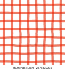 Retro Tablecloth Textured Checked Seamless Pattern in Red and White. Simple Red Grid Hand Drawn Background, Perfect for Wrapping Paper, Fabric Design, Scrapbooking, and Minimalist Projects