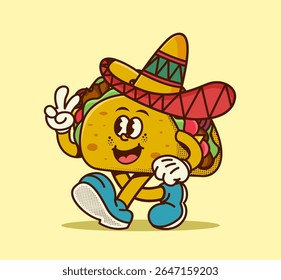 Retro taco cartoon mascot illustration. Cute and cheerful character design in vintage style.  perfect for poster, banner, flyer, sticker, and card
