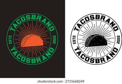 Logotipo do restaurante taco retrô com design de crachá circular e raios de sol. Vetor de marca de comida mexicana profissional perfeito para lojas de taco, food trucks, restaurantes e negócios culinários