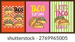 Retro taco typography poster featuring taco lovers club, taco Tuesday and lets taco bout it design. Vibrant Mexican food theme ideal for restaurant menus, social media, banners and party promotions.