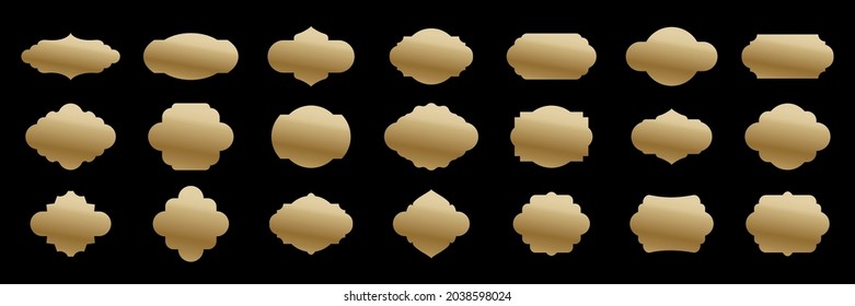 Retro tags, gold metal badge label set vector illustration. Golden sticker quality emblem, vintage metal award stamp, luxury glossy shiny collection of banners isolated on black background