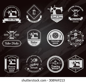 Retro tailor shop for made to measurements custom clothes chalkboard emblems labels set abstract isolated vector illustration