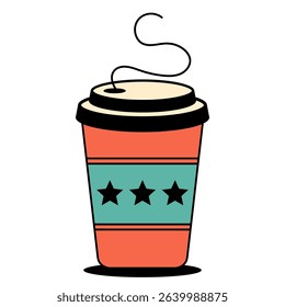 Retro takeaway coffee cup with lid and sleeve. Great for cafe branding, packaging, menu graphic and morning beverage visuals. Flat vector illustration on white background