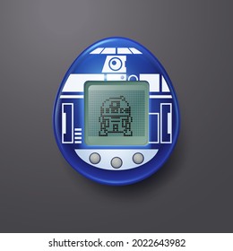 Retro tamagotchi toy in blue collor with pixel animal on a pixelated lcd.