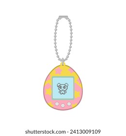 Retro Tamagotchi toy. Pocket pet game. Tamagotchi with screen display, chain and buttons. Nostalgia from 90s. Vector cartoon.