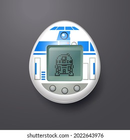 Retro tamagotchi toy in white collor with pixel animal on a pixelated lcd.