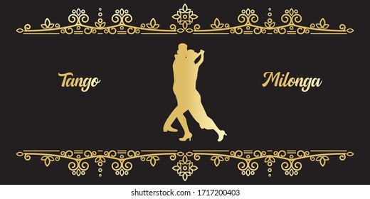 Retro tango milonga party. Hand drawn Invitation for the event in vintage style. International Dance Day, silhouettes of couple dancing tango