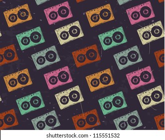 Retro tape cassette seamless pattern. EPS10 vector image. Scratches and grungy elements on a separate layer.