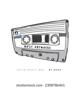 Retro tape cassette vector illustration in hand drawn design for world music day template