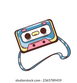 Ilustración vectorial de cinta de cinta retro. Caricatura aislada de groovy mascot personaje, divertidos y antiguos equipos de plástico para reproducir y grabar música hippie psicodélica en grabadora de cintas, reproductor de audio de los años 80 y 70