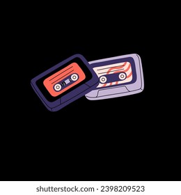 Retro tape cassette, vintage mixtape. Old sound, musical hit record on plastic. Audio for stereo player of 80s, 90s. 1980s pop culture, eighties disco music. Flat isolated vector illustration