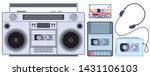 Retro tape player. Vintage cassette music players, old sound recorder and audio cassettes. Stereo acoustic dj sound analogue boombox pop music player. Isolated vector illustration icons set