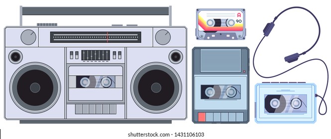 Retro tape player. Vintage cassette music players, old sound recorder and audio cassettes. Stereo acoustic dj sound analogue boombox pop music player. Isolated vector illustration icons set