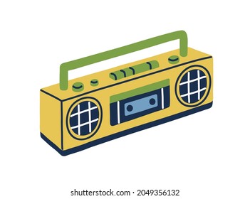 Grabadora de cinta retro en estilo años 80 y 90. Reproductor de audio de cassette con altavoces y asa. Boombox estéreo de los años 80. Equipamiento de la vieja escuela. Ilustración vectorial plana aislada en fondo blanco