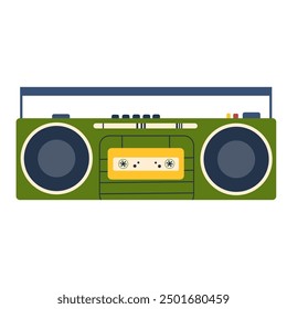 Retro tape recorder in 80s and 90s style. Cassette audio player with loudspeakers and handle. 1980s stereo boombox. Old-school equipment. Flat vector illustration isolated on white background